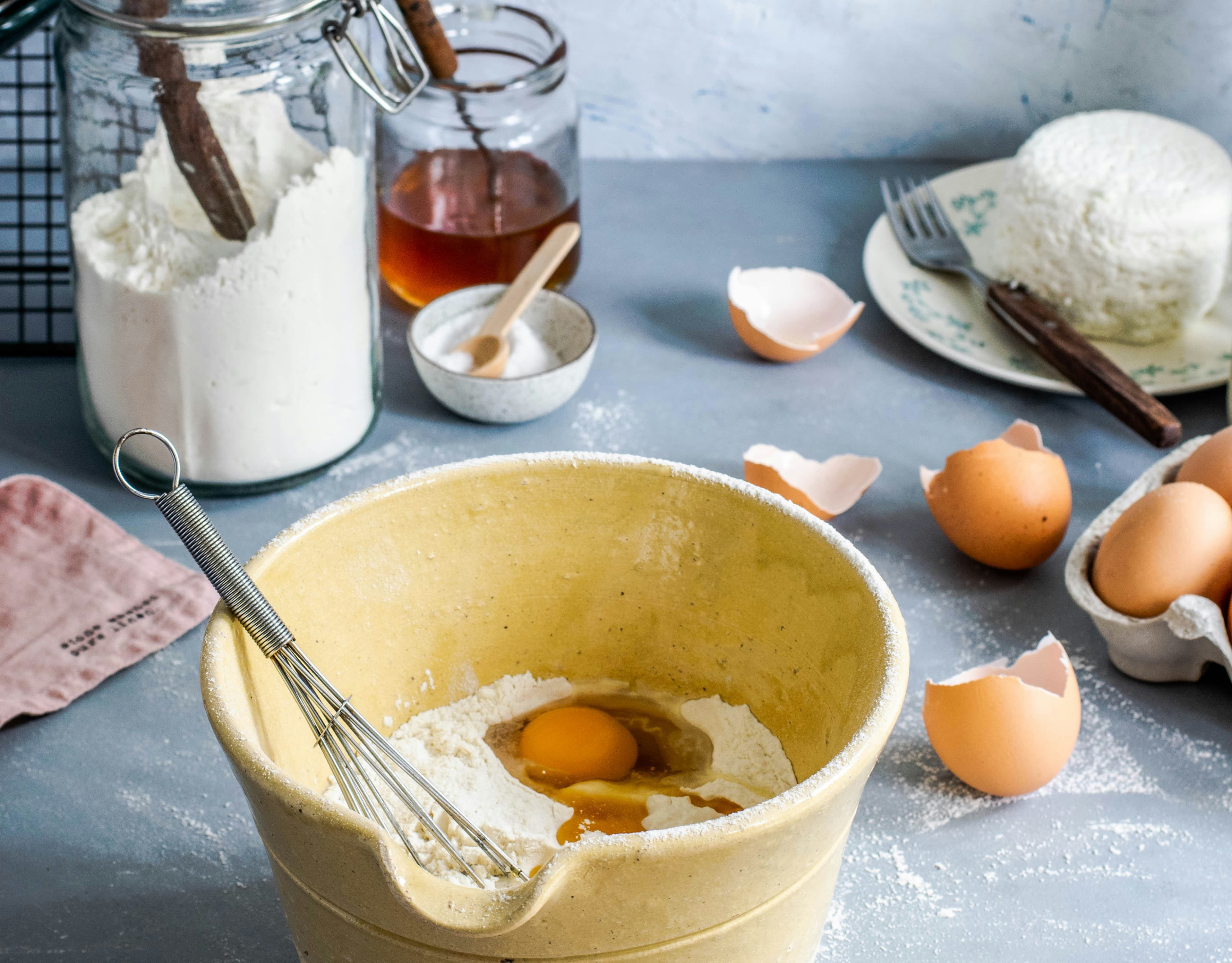 A mixing bowl and ingredients